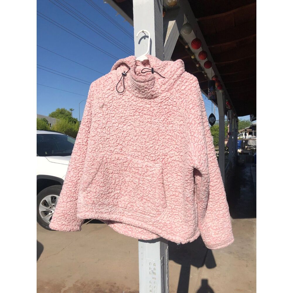 VS PINK 2019 Teddy Sherpa Pullover Hoodie Funnel Neck Rose Pink loungewear Large